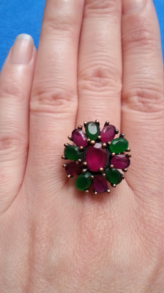 Impressive sterling ruby emerald flower ring, sil… - image 2