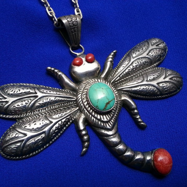 Large sterling silver vintage hand-made Tibetan large dragonfly pendant, coral and turquoise, snake on back, repousse, chasing, double-sided