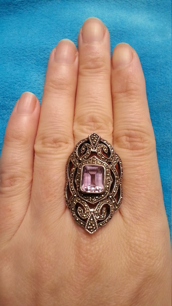 Sterling silver marcasite amethyst ring, statemen… - image 1