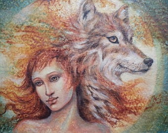 Original one-of-a-kind, hand-painted oil on canvas panel miniature, Marcia Snedecor 5x7 in, wolf fairy, totem animal, full moon
