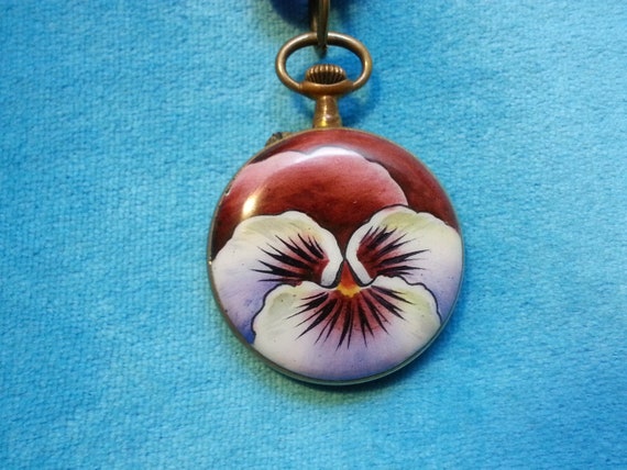 Rare Art Nouveau enamel pocket watch, lovely pans… - image 5