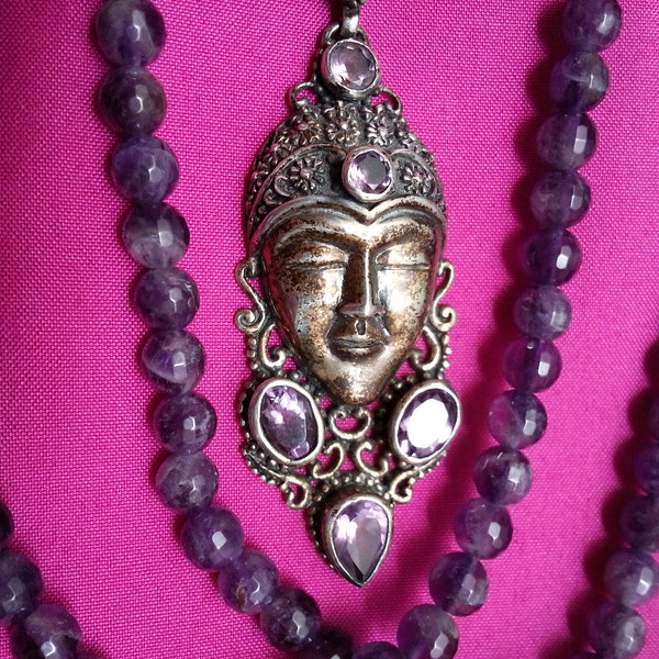 Rare sterling amethyst pendant necklace, Ned Bowman BC signed, Sajen-style silver goddess face, faceted amethyst necklace enhancer, patina