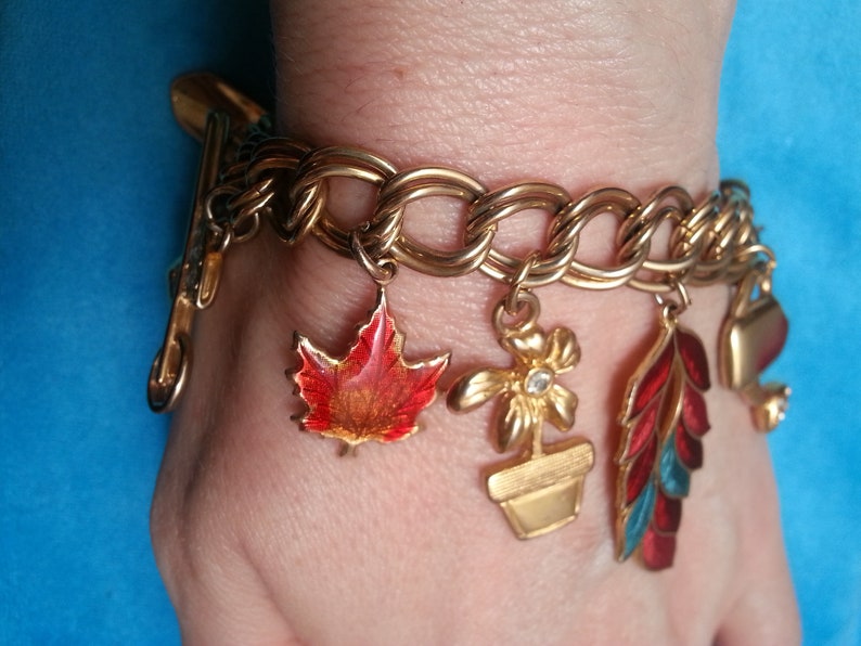One of a Kind Vintage Charm Bracelet, Enamel Leaves, Happy Gardener
