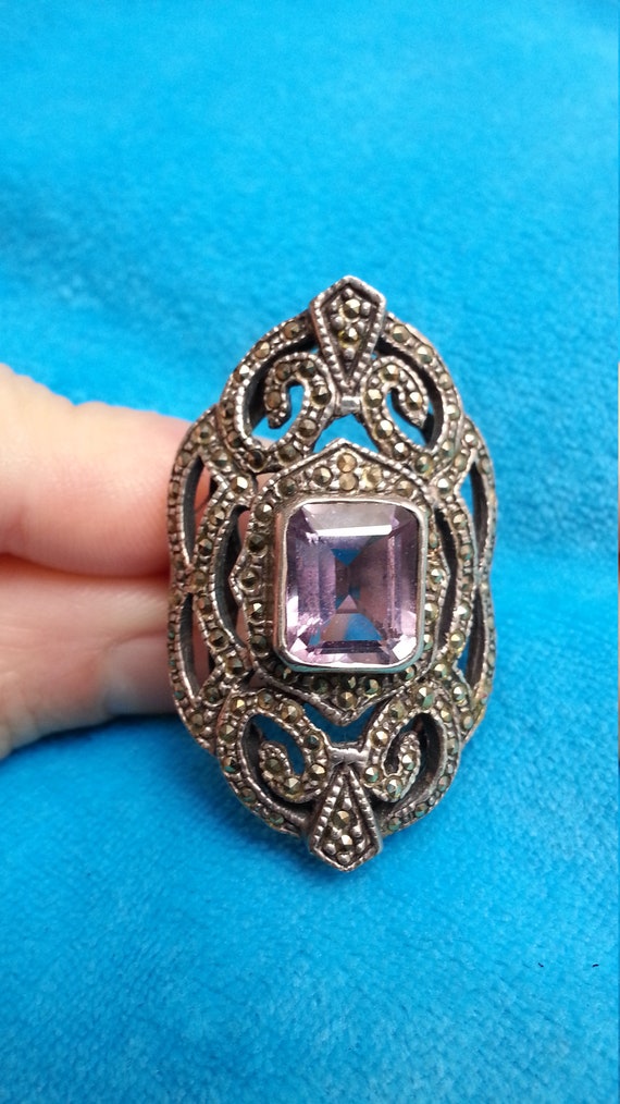 Sterling silver marcasite amethyst ring, statemen… - image 6
