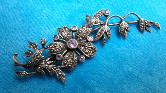 Sterling silver brooch, marcasites and amethysts,… - image 2