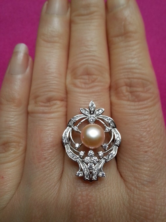 Beautiful sterling silver pearl flower ring, crow… - image 3