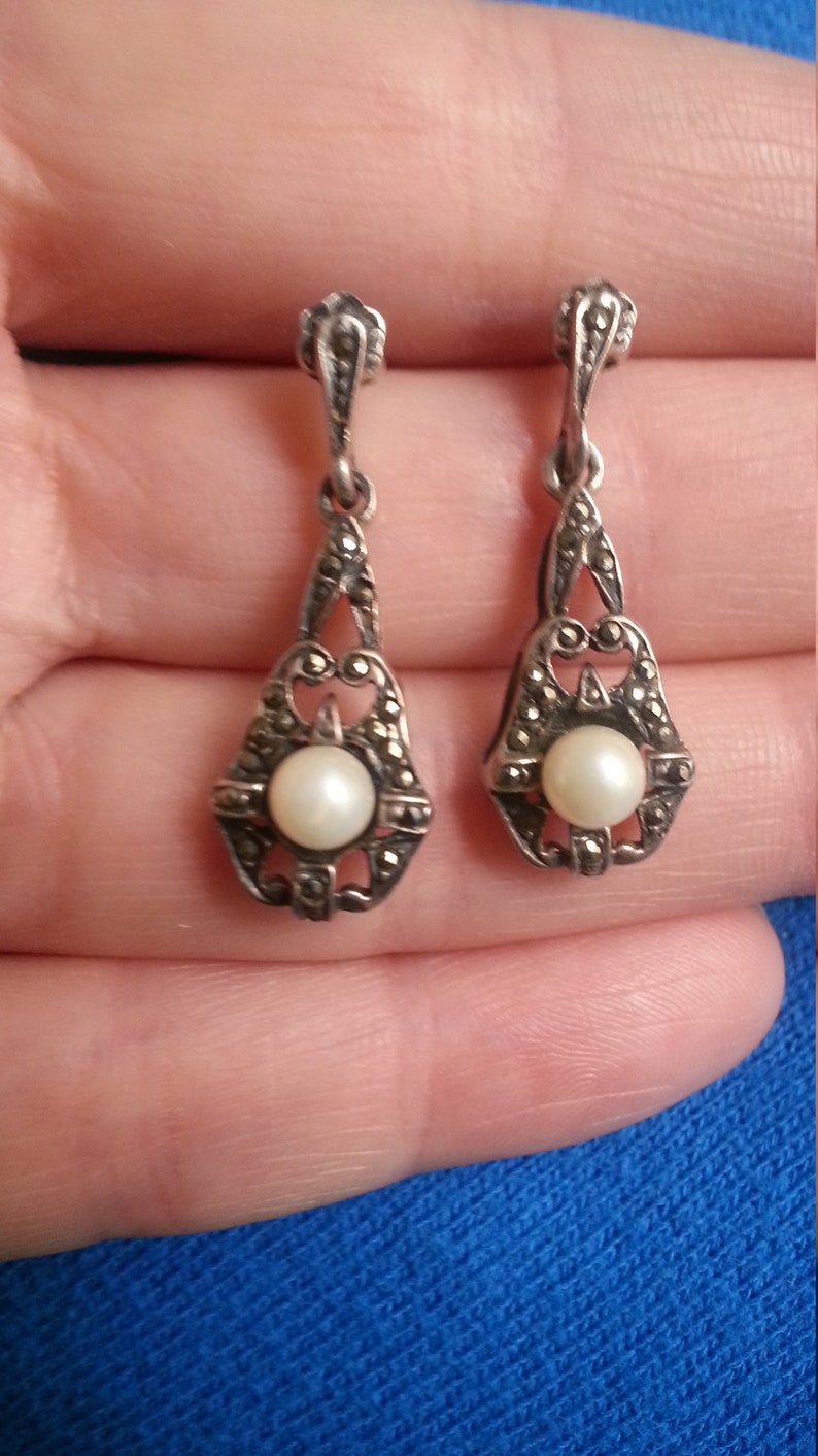 pearls Beautiful sterling silver marcasite flower brooch possibly simulated matching dangle earrings Victorian style beautiful design