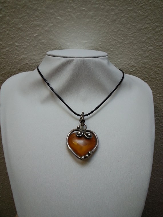 Vintage sterling silver amber heart pendant, natu… - image 5