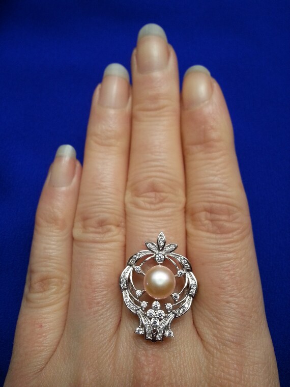 Beautiful sterling silver pearl flower ring, crow… - image 2