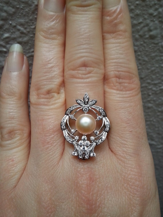 Beautiful sterling silver pearl flower ring, crow… - image 4