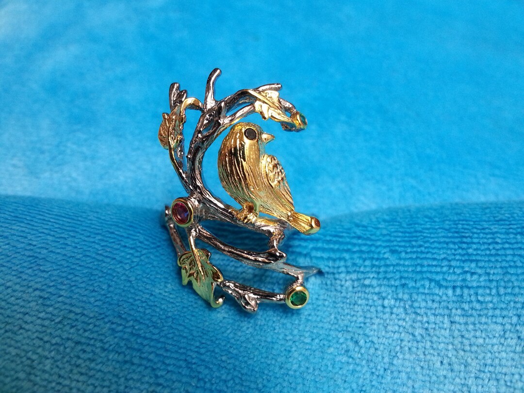 Charming Sterling Silver Ruby Bird Ring, Lovely Bird on Branch, Gold ...