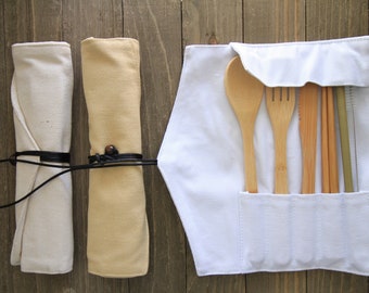 7 pc. Reusable Bamboo Cutlery Travel Set | Biodegradable Zero Waste | Fork Spoon Knife Chopsticks Straw Cleaner Flatware | Picnic School