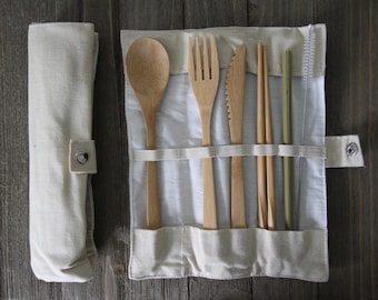 Bamboo Flatware Set, Bamboo Reusable Utensil Set, Khaki Travel Utensils 7pcs
