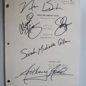 May include: A white script page with black ink signatures from the cast and crew of the TV show Buffy the Vampire Slayer. The script is for the episode "Dead Man's Party" and includes the names Sarah Michelle Gellar, Anthony Head, Alyson Hannigan, and Marti Noxon.