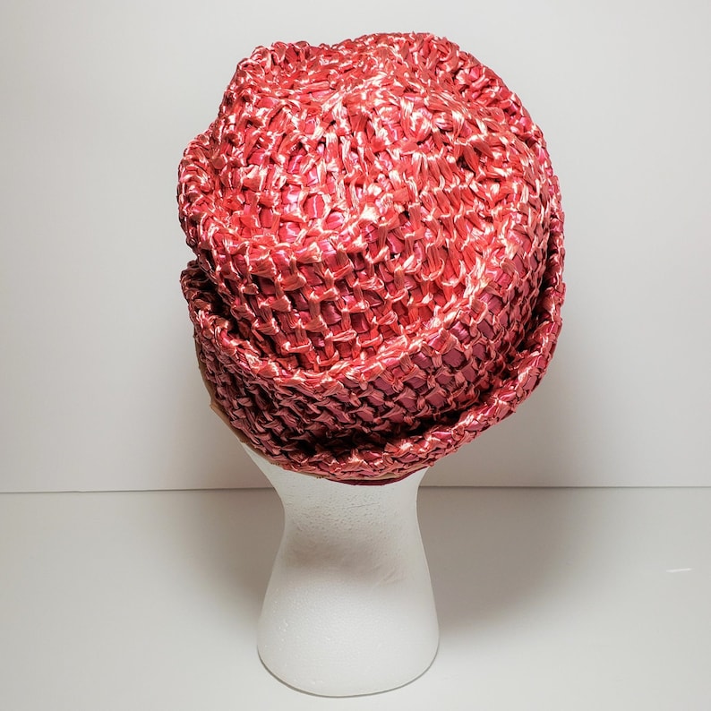 Vtg Pink Straw Rose Turban Style Cloche Hat \u2013 1960s Mid Century Modern Hat