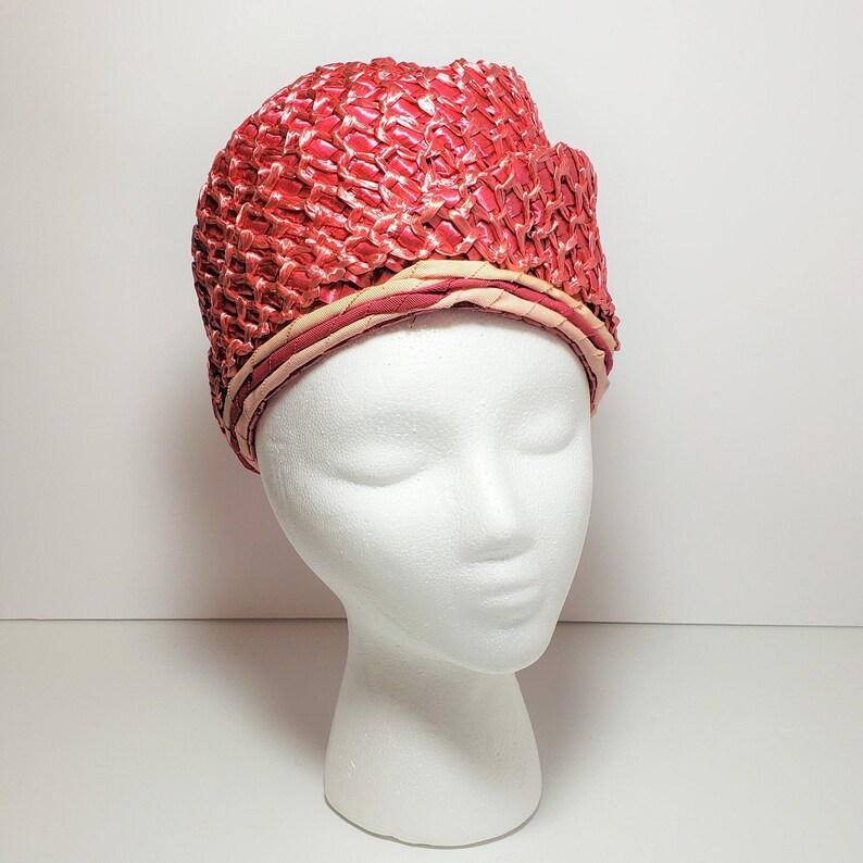 Vtg Pink Straw Rose Turban Style Cloche Hat \u2013 1960s Mid Century Modern Hat