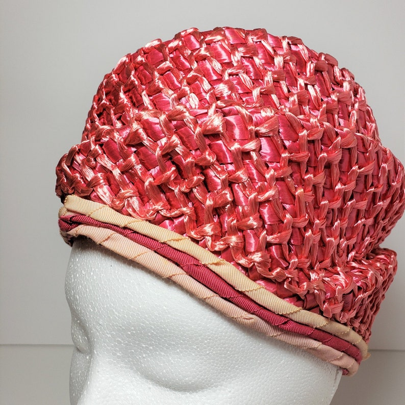 Vtg Pink Straw Rose Turban Style Cloche Hat \u2013 1960s Mid Century Modern Hat