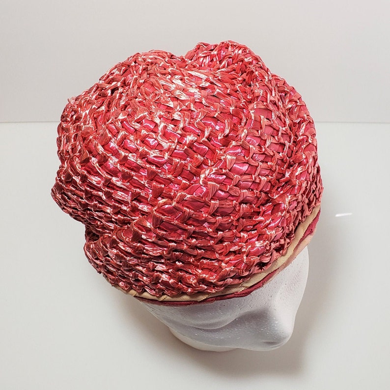 Vtg Pink Straw Rose Turban Style Cloche Hat \u2013 1960s Mid Century Modern Hat