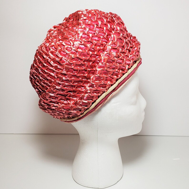 Vtg Pink Straw Rose Turban Style Cloche Hat \u2013 1960s Mid Century Modern Hat