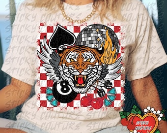Tiger Disco Ball Vintage Retro PNG Vintage Western Style 8 ball with tiger dice and cherries yallternative Cowgirl rock and roll collage
