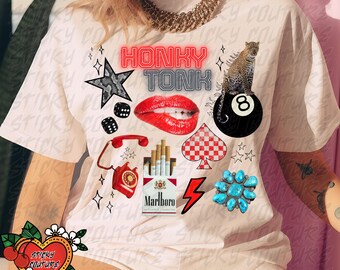 Honky Tonk PNG Vintage Western Style 8 ball with leopard cigarettes yallternative Cowboy Cowgirl rock and roll americana tshirt Design