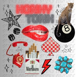 K&ouml;nnte beinhalten: Eine Collage mit Retro-Elementen: die Worte "HONKY TONK" in Neonrot, ein Leopard auf einer 8-Ball, rote Lippen, eine Packung Marlboro-Zigaretten, W&uuml;rfel, ein rotes Telefon, eine t&uuml;rkisfarbene Brosche und ein Karo-Pik-Ass.