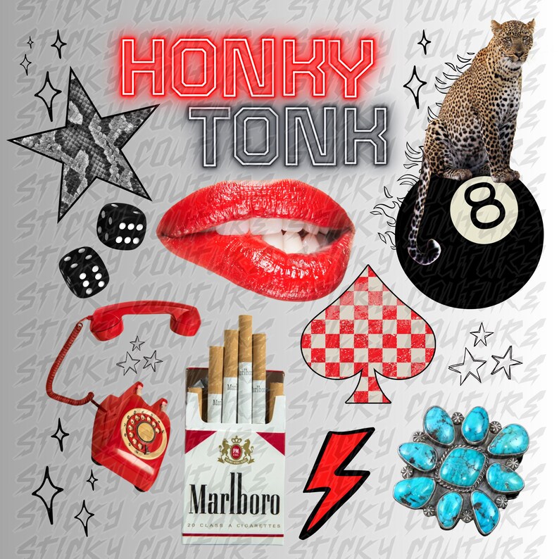 K&ouml;nnte beinhalten: Eine Collage mit Retro-Elementen: die Worte "HONKY TONK" in Neonrot, ein Leopard auf einer 8-Ball, rote Lippen, eine Packung Marlboro-Zigaretten, W&uuml;rfel, ein rotes Telefon, eine t&uuml;rkisfarbene Brosche und ein Karo-Pik-Ass.