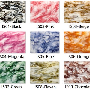 Puede incluir: Nueve variaciones de color diferentes de láminas de plástico marmoleado. Los colores incluyen negro, rosa, beige, magenta, azul, naranja, verde, lino y chocolate.