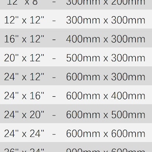May include: A chart showing size conversions for different sizes of frames in inches and millimeters. The chart shows the conversion from inches to millimeters for frames ranging from 8 inches by 4 inches to 48 inches by 24 inches.