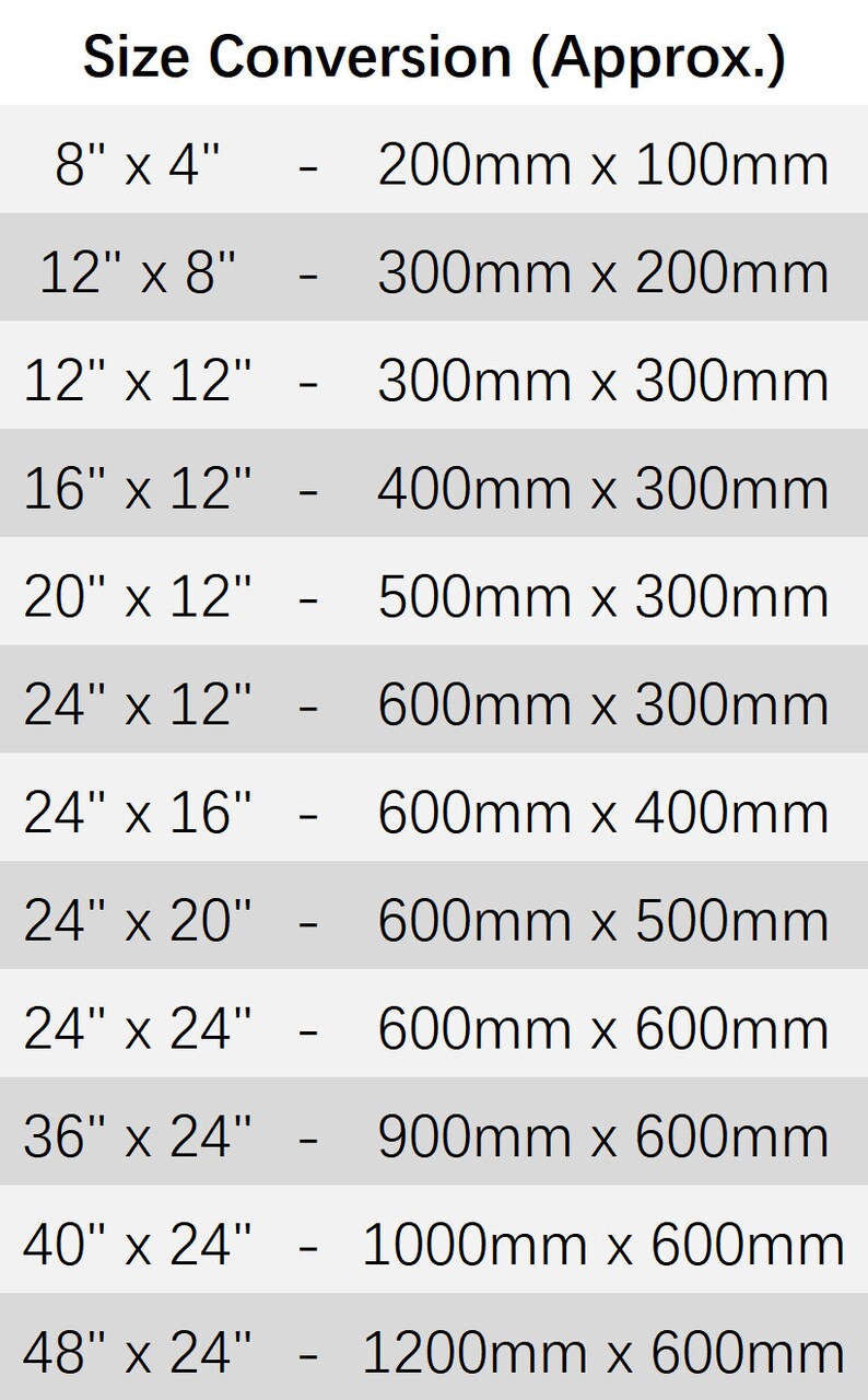 May include: A chart showing size conversions for different sizes of frames in inches and millimeters. The chart shows the conversion from inches to millimeters for frames ranging from 8 inches by 4 inches to 48 inches by 24 inches.