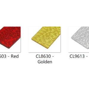 May include: Three square pieces of decorative glass with a textured surface. The glass is red, gold, and silver. The text below the glass reads "CL8603 - Red", "CL8630 - Golden", and "CL9613 - Silver".
