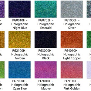 May include: A chart of 15 holographic vinyl colors, including purple, night blue, emerald, silver, lead grey, amber, golden, black, light copper, grass green, apple green, cyan blue, mauve, pink golden, and clear.