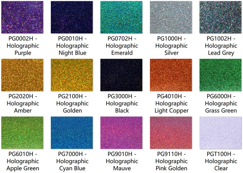 May include: A chart of 15 holographic vinyl colors, including purple, night blue, emerald, silver, lead grey, amber, golden, black, light copper, grass green, apple green, cyan blue, mauve, pink golden, and clear.