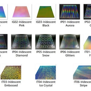 May include: A collection of fourteen rectangular sheets featuring various iridescent finishes, including solid colours like blue, pink, and black, alongside patterned textures such as aurora, crystal, stars, diamond, snow, glitters, frosted, embossed, ice crystal, and stripe.