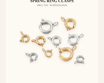 10pcs Stainless Steel Spring Ring Clasps, Gold or Steel Round Clasps, 5mm-18mm Jewelry Findings for Bracelet Necklace Making