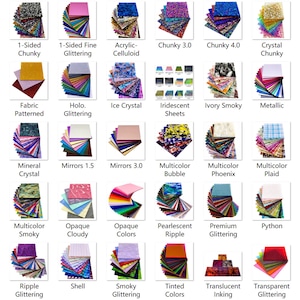 May include: A variety of decorative craft supplies, including chunky glitter, iridescent sheets, and holographic glitter. The supplies are arranged in a grid pattern and are available in a variety of colors.