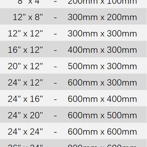 May include: A chart showing size conversions for various sizes of rectangular objects, in inches and millimeters. For example, 4 inches by 4 inches is equal to 98 millimeters by 98 millimeters.