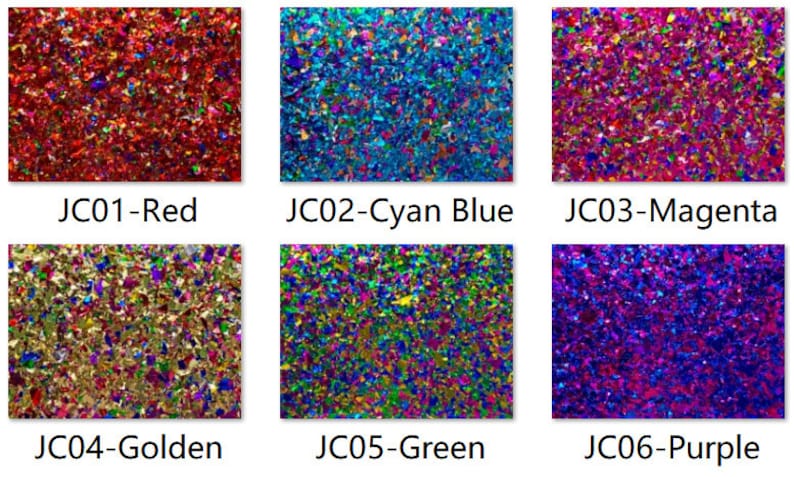 May include: Six different colors of confetti, including red, cyan blue, magenta, golden, green, and purple. The confetti is made of small, iridescent pieces of paper.