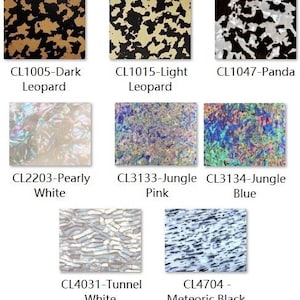 May include: A collection of eight rectangular material swatches featuring distinct patterns and colours: CL1005-Dark Leopard, CL1015-Light Leopard, CL1047-Panda, CL2203-Pearly White, CL3133-Jungle Pink, CL3134-Jungle Blue, CL4031-Tunnel White, and CL4704-Meteoric Black.