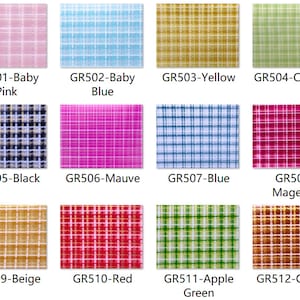 May include: A selection of fabric swatches in a grid, showcasing colours like baby pink, baby blue, yellow, and celadon. Each swatch is labelled with a code and name, such as GR501-Baby Pink. Other colours include black, mauve, blue, and magenta.