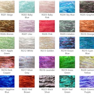 May include: A chart of 25 different colored resin samples, each labeled with a code and a color name. The samples are arranged in a grid of five rows and five columns.
