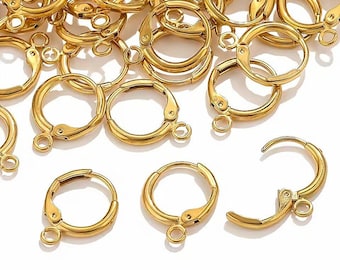 10pcs Stainless Steel Leverback Hoop Earrings with Loop, Round Huggie Hoops, Gold or Steel, Charm Earring Findings, DIY Jewelry Making