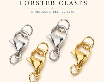 Stainless Steel Lobster Clasps with Jump Rings, 20 Sets, Gold or Steel Jewelry Findings, 9mm 10mm 11mm 13mm 15mm
