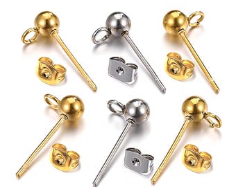 Örhängesstift i rostfritt stål med ögla – Hypoallergena örhängen med bakstycke | Guld och stål | 3–8 mm | 20 par per förpackning