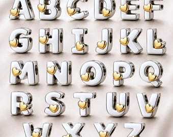 5pcs 925 Sterling Silver Alphabet Letter Charm Beads with Gold Heart Accent, Choose Any Letters, Fits European Charm Bracelets