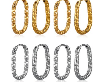 6pcs Stainless Steel Rectangular Earring Hooks, Textured DIY Hoop Earring Findings, 18K PVD Gold Plated Jewelry Parts