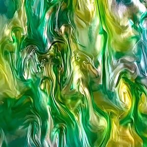 May include: Abstract artwork with a flowing, marbled effect. The image features a blend of green, yellow, and teal hues, creating a sense of depth and movement. The colors swirl and blend, resembling a liquid or gaseous state.