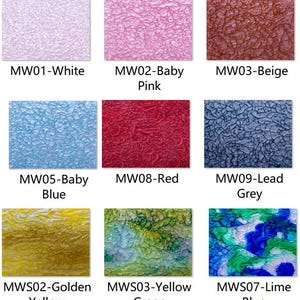 May include: A grid of nine rectangular swatches featuring textured surfaces. Colors include white, baby pink, beige, baby blue, red, lead grey, golden yellow, yellow green, and lime blue. Each swatch is labeled with a code and color name.