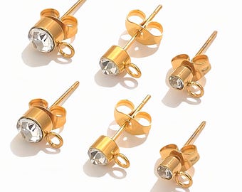 20pcs Stainless Steel Rhinestone Stud Earring Posts with Loop | Steel or Gold | 3 Sizes | DIY Earring Findings & Jewelry Making Supplies