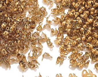 50pcs Stainless Steel Fold Over Crimp Ends | Steel + PVD Gold | Loop End Caps for Necklace Bracelet | DIY Jewelry Findings